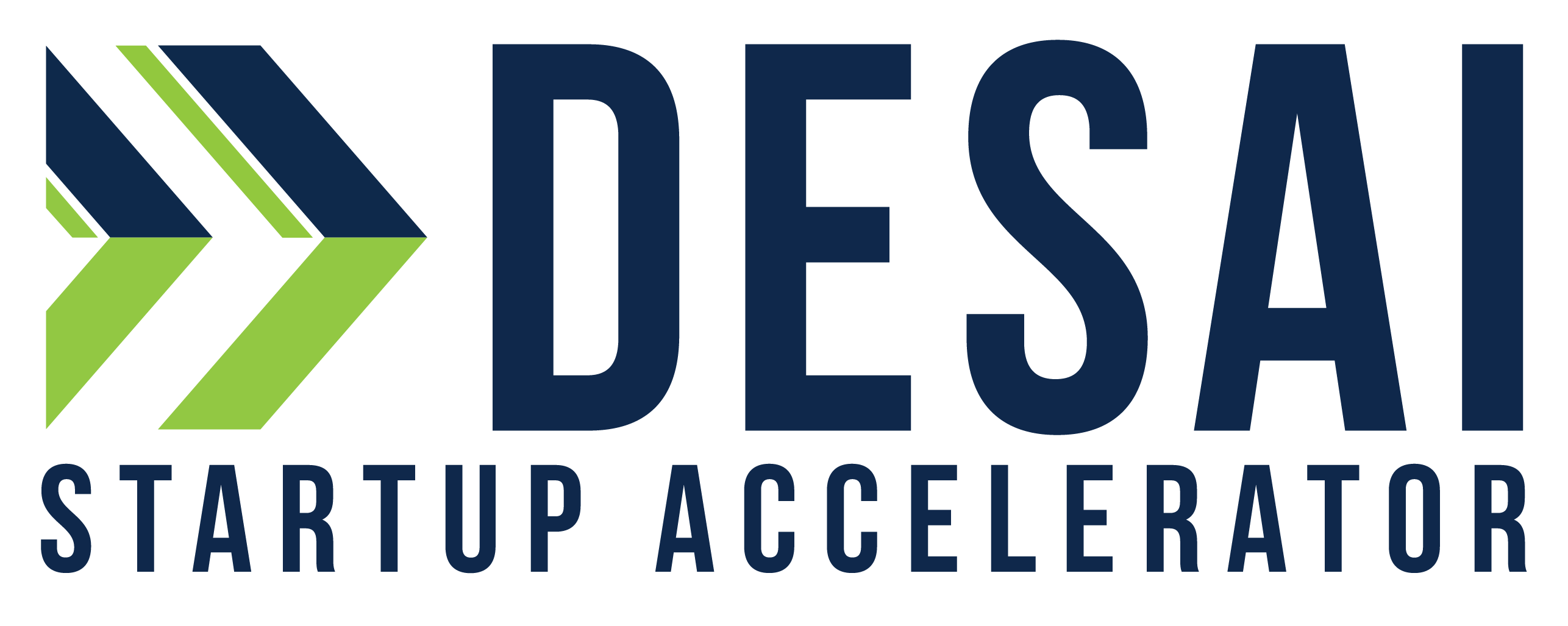 Logo with "Desai" in large blue font and "startup accelerator" in smaller font. Blue and green double chevron icon.